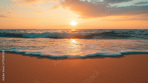 Tranquil Sunset at Tropical Beach. Panoramic Seascape with Golden Sky and Calm Sea Sand. Relaxing Summer Mood