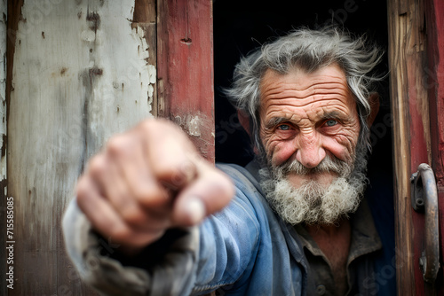 Portrait of an old man standing in front of a door.