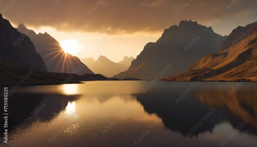 Capturing Nature's Elegance: A Golden Sunset bathes Mountain Peaks and Reflects in a Tranquil Alpine Lake, Creating a Majestic and Serene Panorama of Awe-Inspiring Beauty. AI generated