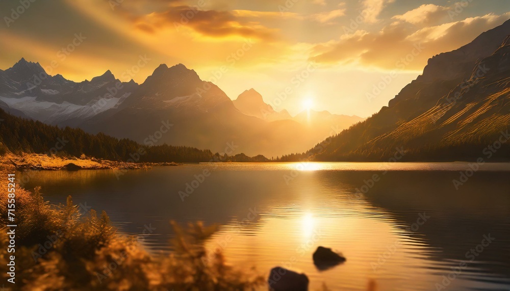 Capturing Nature's Elegance: A Golden Sunset bathes Mountain Peaks and Reflects in a Tranquil Alpine Lake, Creating a Majestic and Serene Panorama of Awe-Inspiring Beauty. AI generated