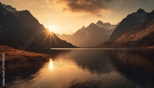 Capturing Nature's Elegance: A Golden Sunset bathes Mountain Peaks and Reflects in a Tranquil Alpine Lake, Creating a Majestic and Serene Panorama of Awe-Inspiring Beauty. AI generated