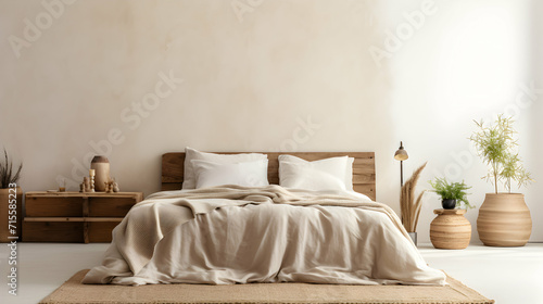 Beige blanket on the double bed in stylish wabi sabi bedroom of minimal style house with copy space on the empty wall, generative ai