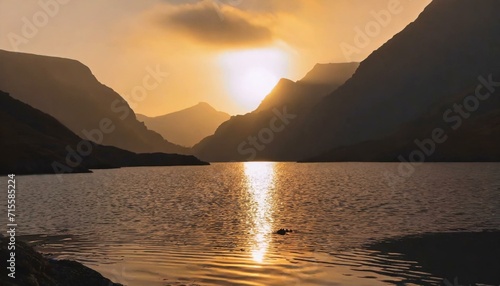 Capturing Nature s Elegance  A Golden Sunset bathes Mountain Peaks and Reflects in a Tranquil Alpine Lake  Creating a Majestic and Serene Panorama of Awe-Inspiring Beauty. AI generated