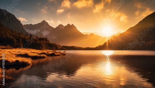 Capturing Nature s Elegance  A Golden Sunset bathes Mountain Peaks and Reflects in a Tranquil Alpine Lake  Creating a Majestic and Serene Panorama of Awe-Inspiring Beauty. AI generated