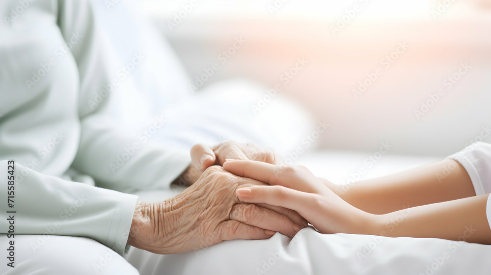 Obraz premium Two hands. A young woman holds the hand of an older woman. Caregiver at home. Concept of health care for senior elderly old people. Space for text white background. Generative ai.
