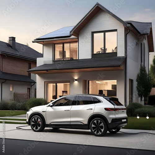 Electric car in front of a house