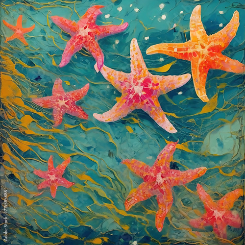 painting of Starfishes on the background of the sea. Illustration.