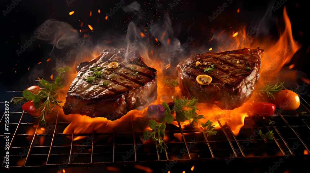Roast beef steaks with vegetables and spices fly over the blazing grill barbecue fire. Seasonal background. Generative ai. Roast beef steaks with vegetables and spices fly over the blazing grill barbecue fire. Seasonal background. Generative ai.