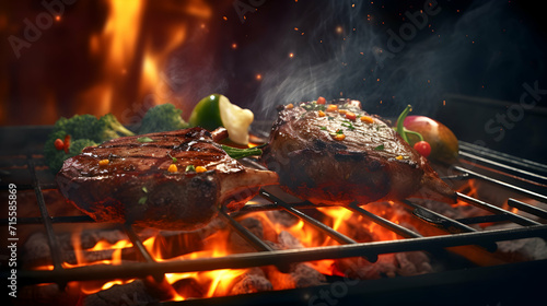 Roast beef steaks with vegetables and spices fly over the blazing grill barbecue fire. Seasonal background. Generative ai.