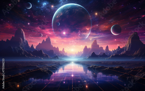 Neon abstract space background with nebula and stars. Futuristic fantasy landscape. Futuristic space sci-fi abstract background, sci-fi landscape with planet, neon light, cold planet. 3d render photo