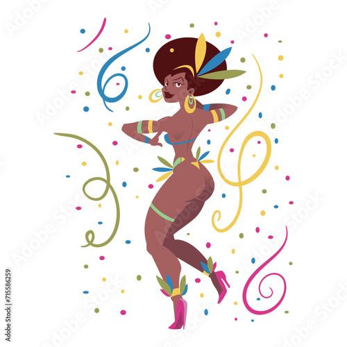 Cartoon de linda mulher negra, sambista de escola de samba no carnaval do Brasil.