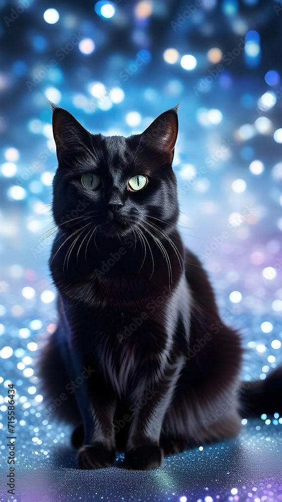 Black cat on a background of halographic sparkles.