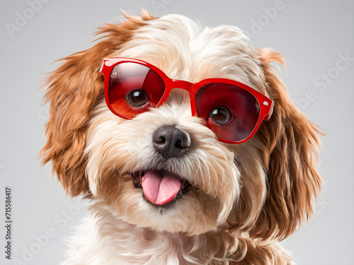 Glasses-wearing white Shih Tzu dog with adorable brown fur, isolated on a studio background