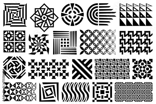 Abstract geometric design elements and patterns. Black and white Memphis stile design shapes, ornaments.