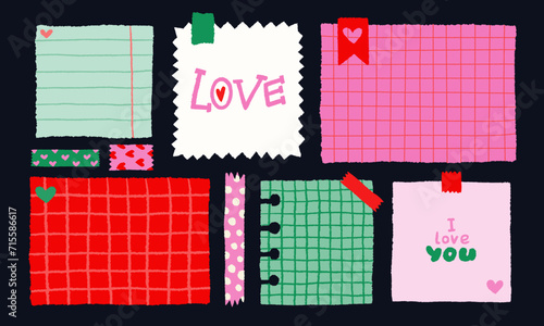 Paper valentine memo notes on stickers. Vector vintage sticky notes and pages with torn edges