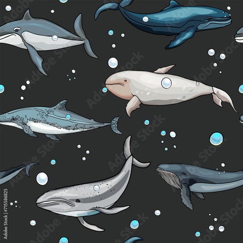 Hand drawn vector sea world pattern. Whales sperm whales and dolphins for print. textiles, sportswear. Blank for designers, print on a T-shirt