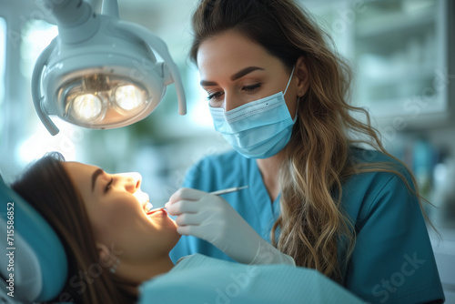 Woman's face with her mouth open, sitting in a dental chair while having his teeth examined and treated by a qualified dentist. Dentist day