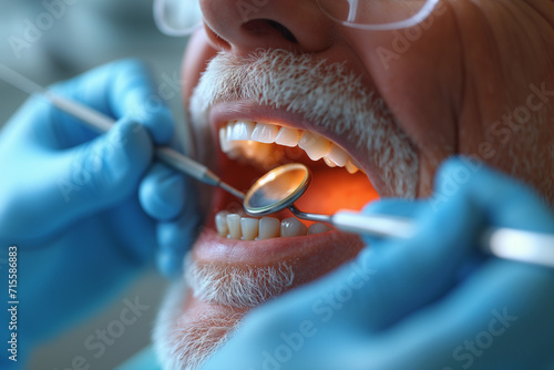 Close-up of an elderly man\'s face with his mouth open, sitting in a dental chair while having his teeth examined and treated by a qualified dentist. Dentist day