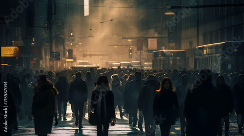 Crowd of people walking on city street, panoramic format, banner, generative ai