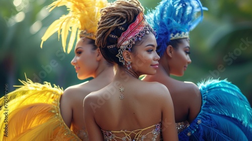 Group of three beautiful woman in traditional costume at carnival in Brazil.