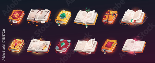 Open magic books. Cartoon ancient papyrus books with witchcraft spell game UI elements, old mystic paper volumes for witchcraft education. Vector GUI set
