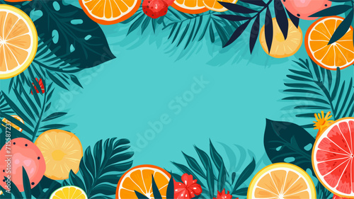 Abstract tropical palm leaves and exotic fruits, providing a festive and exotic background for a summer or beach-themed party. simple minimalist illustration creative © J.V.G. Ransika