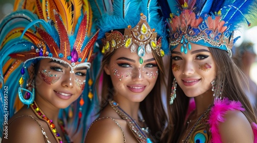 Portrait of three beautiful women in colorful headdress at carnival