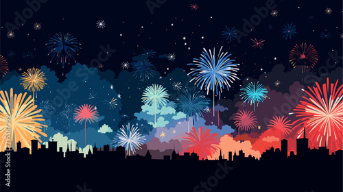 Vectorized fireworks exploding in a night sky, symbolizing the excitement and grandeur of a special occasion or New Year's Eve party. simple minimalist illustration creative