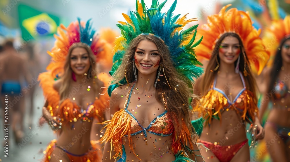 Unidentified Carnival dancer on the parade on Brazil Street Parade. - obrazy, fototapety, plakaty 