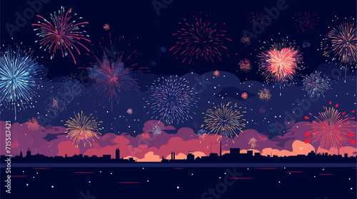 Vectorized fireworks exploding in a night sky, symbolizing the excitement and grandeur of a special occasion or New Year's Eve party. simple minimalist illustration creative
