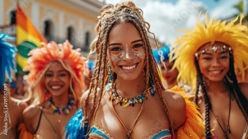 Portrait of a group of young women in colorful costumes at the carnival in Brasil. photo