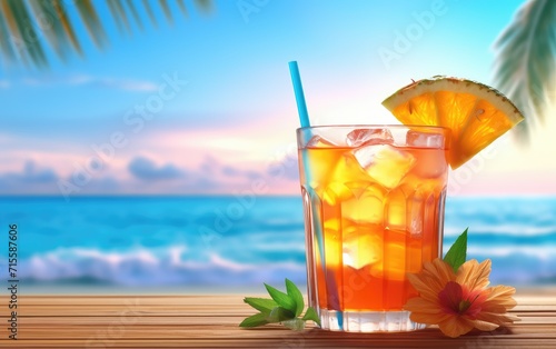 Refreshing Tropical Drink on a Bamboo Table Against a Serene Beach Sunset