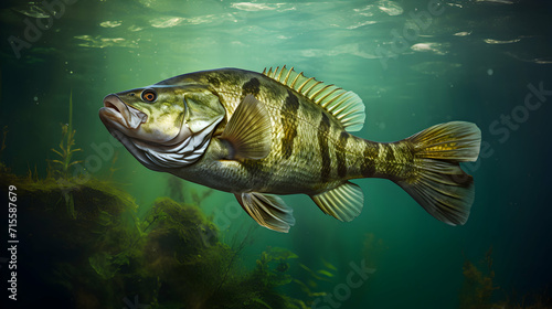 Large freshwater perch underwater. Fishing wallpaper. Generative ai.