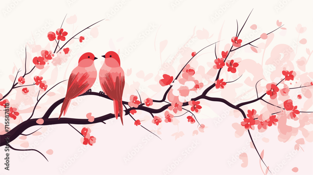 Fototapeta Small minimalist background illustration, line art style. one line, creative,anime. Vectorized birds in love perched on blooming branches, symbolizing the affectionate and natural motifs associated