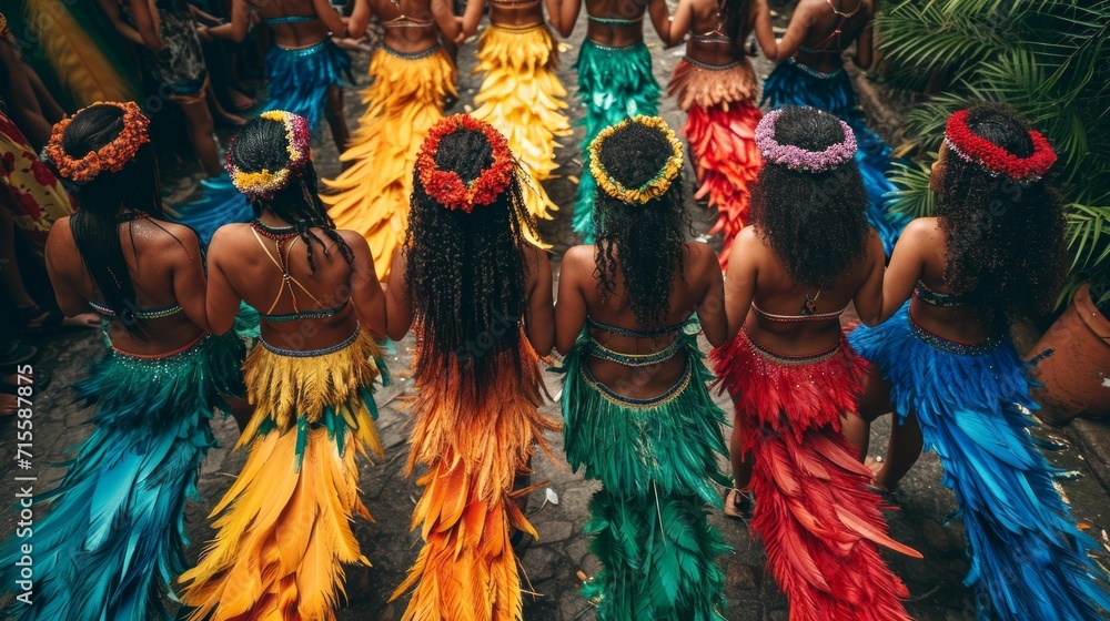 Back of women dancers at Barranquilla Carnival in Colombia - obrazy, fototapety, plakaty 