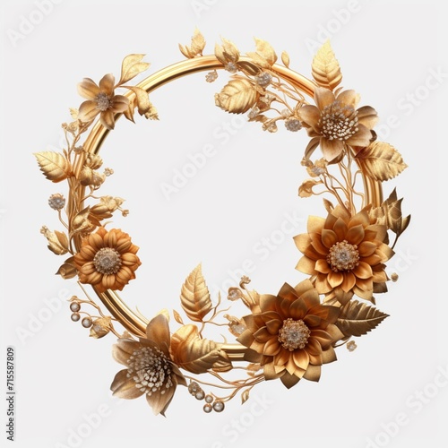 Beautiful golden flowers circle floral frame design white background
