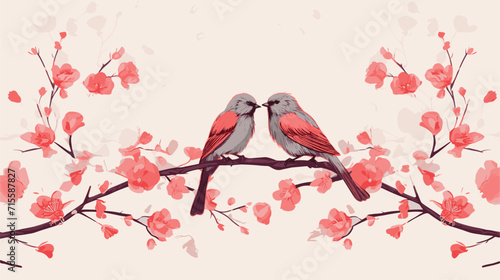 Small minimalist background illustration, line art style. one line, creative,anime. Vectorized birds in love perched on blooming branches, symbolizing the affectionate and natural motifs associated