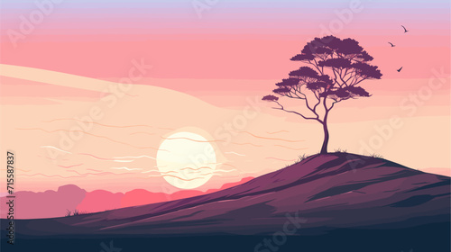 Small minimalist background illustration  line art style. one line  creative anime.  tree silhouettes against a sunset sky  representing the calming and picturesque scenes found in a pristine