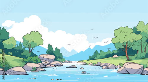 Small minimalist background illustration, line art style. one line, creative,anime. Vector illustration of a woodland stream with rocks, portraying the serene and untouched beauty of a natural
