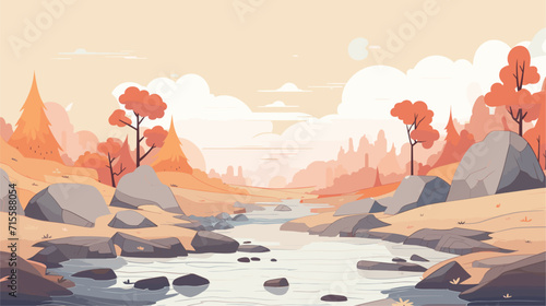 Small minimalist background illustration, line art style. one line, creative,anime. Vector illustration of a woodland stream with rocks, portraying the serene and untouched beauty of a natural