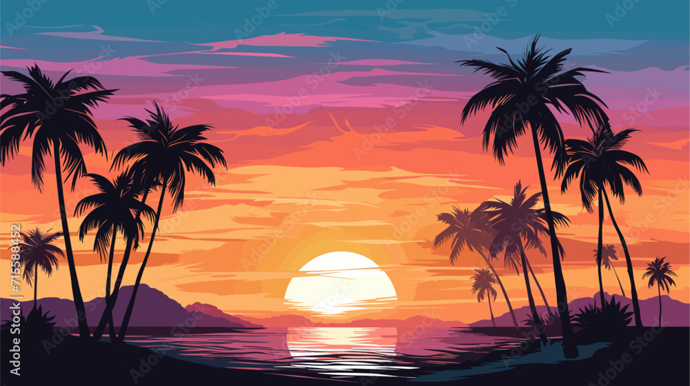 Vectorized palm tree silhouettes against a sunset sky, representing the tropical and relaxing atmosphere found in coastal locations. simple minimalist illustration creative