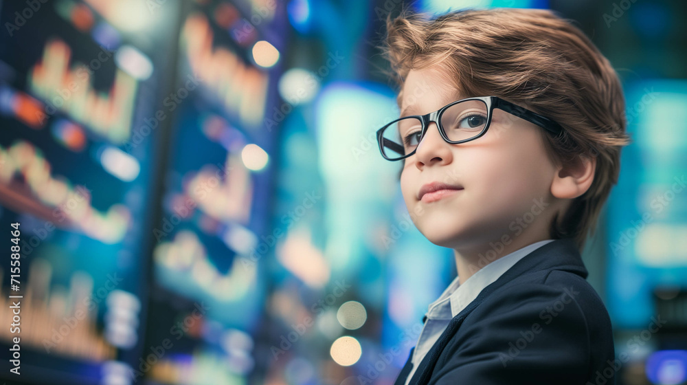 portrait of confident child businessman or investor on stock exchange background, invest at an early age for financial freedom and a happy retirement concept portrait of confident child businessman or investor on stock exchange background, invest at an early age for financial freedom and a happy retirement concept