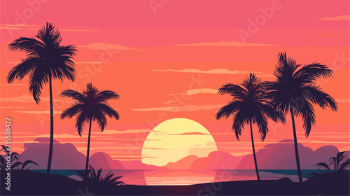 Vectorized palm tree silhouettes against a sunset sky, representing the tropical and relaxing atmosphere found in coastal locations. simple minimalist illustration creative © J.V.G. Ransika