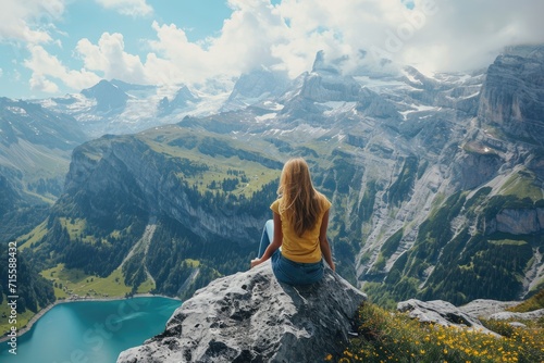 Active woman enjoys the beautiful scenery of the majestic mountains