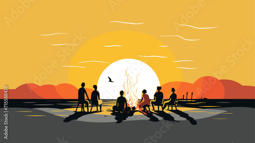 Vector illustration of a beach bonfire with friends, symbolizing the warm and communal aspects of gatherings at the shore. simple minimalist illustration creative