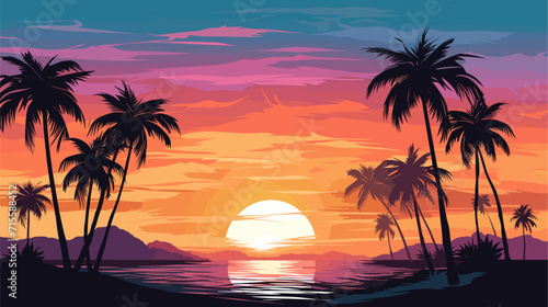 Vectorized palm tree silhouettes against a sunset sky, representing the tropical and relaxing atmosphere found in coastal locations. simple minimalist illustration creative © J.V.G. Ransika