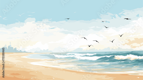 seagulls flying over a sandy shore, capturing the serene and breezy ambiance of a tranquil beach scene. simple minimalist illustration creative