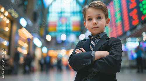 portrait of confident child businessman or investor on stock exchange background, invest at an early age for financial freedom and a happy retirement concept