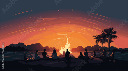 Vector illustration of a beach bonfire with friends, symbolizing the warm and communal aspects of gatherings at the shore. simple minimalist illustration creative