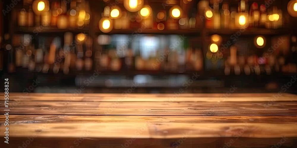 Empty wooden table set in bar or pub counter defining interior of cafe light casting blurred shadows in restaurant drink ambiance at night top view against dark background desk space Empty wooden table set in bar or pub counter defining interior of cafe light casting blurred shadows in restaurant drink ambiance at night top view against dark background desk space